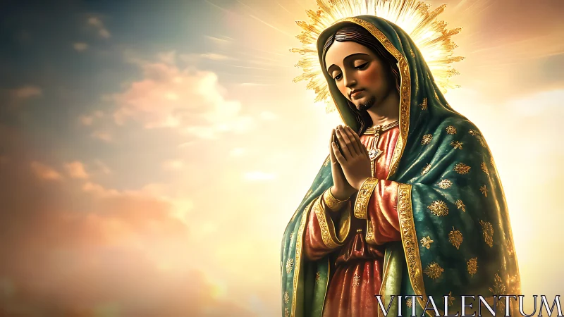 Digital Marian icon in prayer with radiant backlit halo glow