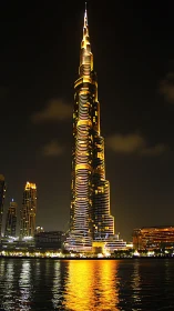 Illuminated modern skyscraper at night with water reflection.