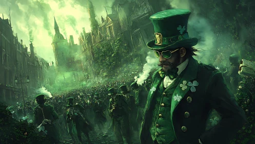 Spectral St. Patrick&rsquo;s parade in emerald industrial fogscape.