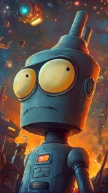 Wide-eyed cartoon robot in fiery industrial sci-fi ruin