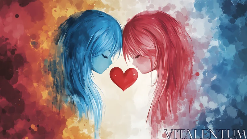 Two Figures in Watercolor Convergence Share Red Heart Symbol