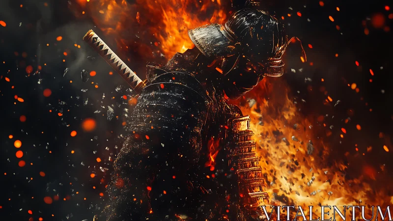 Armored samurai stands amid dense flames and drifting embers