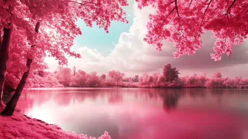 Pink infrared lakeside forest reflects in glassy still water