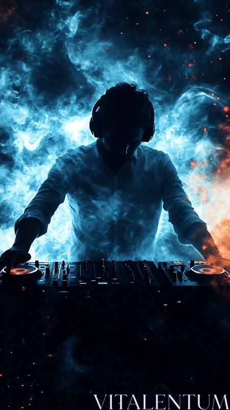 DJ silhouette conjures fire and ice beats in swirling smoke.