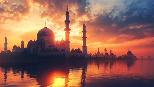 Mosque silhouette stands against vivid orange sunset sky