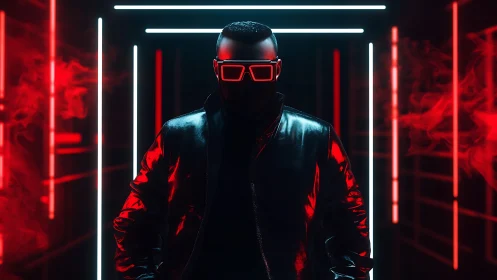 Silhouetted figure stands in neon red and white tunnel lights