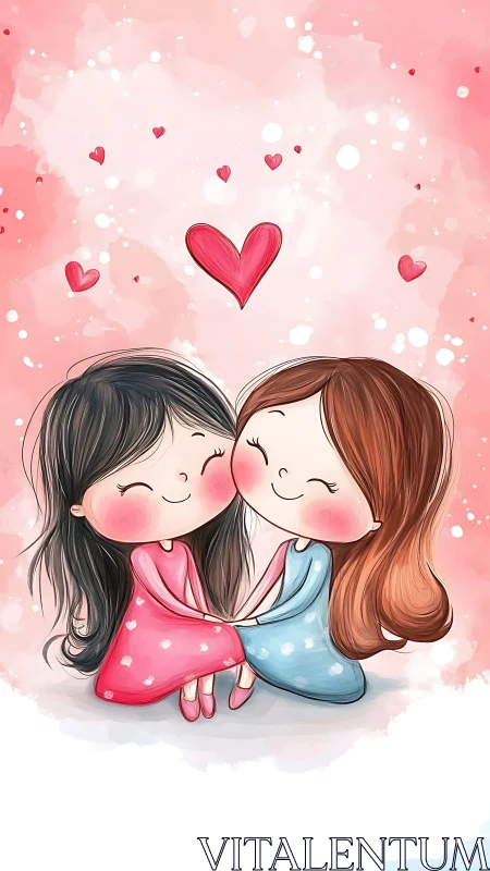 Two Cartoon Girls Sharing Affectionate Moment with Floating Hearts
