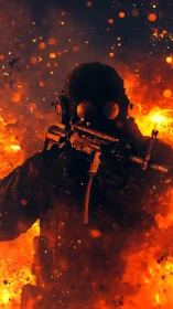 Tactical soldier advances through blazing inferno backdrop