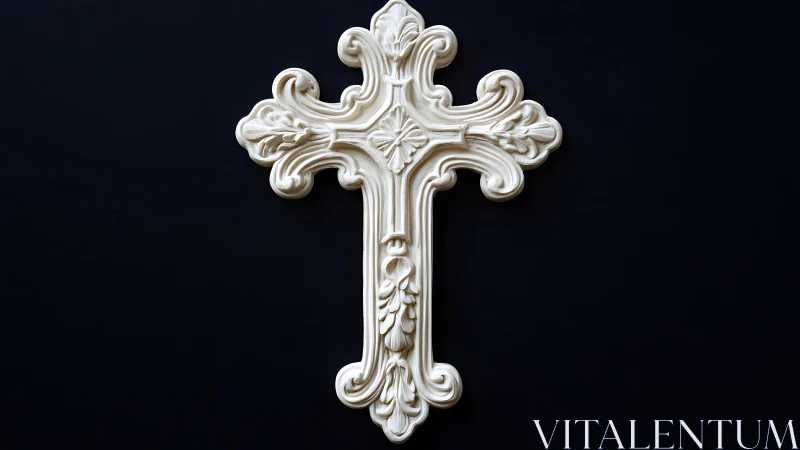 Ornate white decorative cross on black background, classical style.