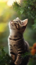 Tabby Kitten Investigating Coniferous Foliage in Natural Bokeh.