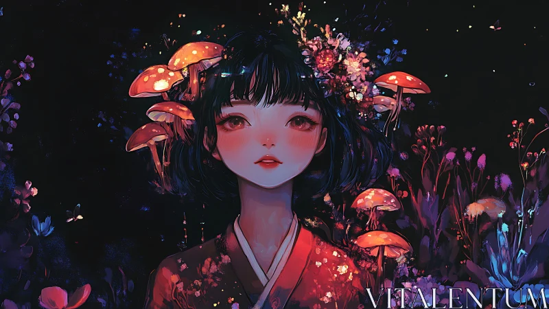 Bioluminescent mycology halo encircling nocturnal portrait.