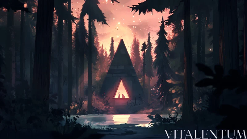 Illuminated tent structure sheltering figures within forest landscape.