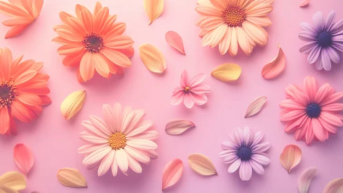 Soft pastel daisies scattered across a dreamy pink field.