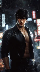 Brooding street fighter in neon city rainstorm at night.