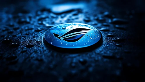 Circular metallic emblem rests on wet textured surface