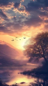 Sunlit river valley with atmospheric perspective and avian silhouettes