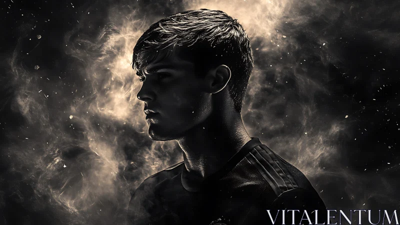 Moody young athlete outlined in swirling cosmic smoke.