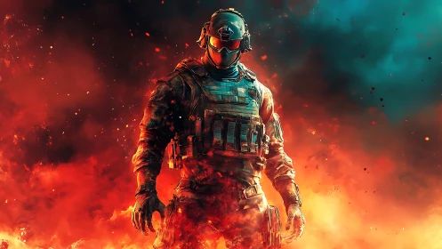Armored futuristic soldier stands within erupting battlefield flames