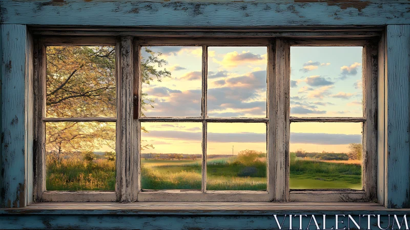 Weathered window framing open rural sunset view.