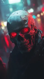 Neon-soaked skull prowls through the glitching city haze