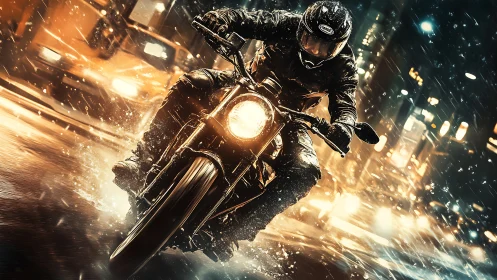 Motorcyclist rides through wet city street during rainfall