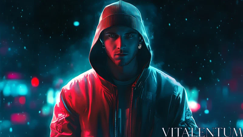 Neon hooded wanderer in a moody cyber city nightscape.