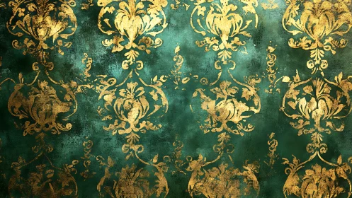 Aged gold baroque damask motif on distressed green ground
