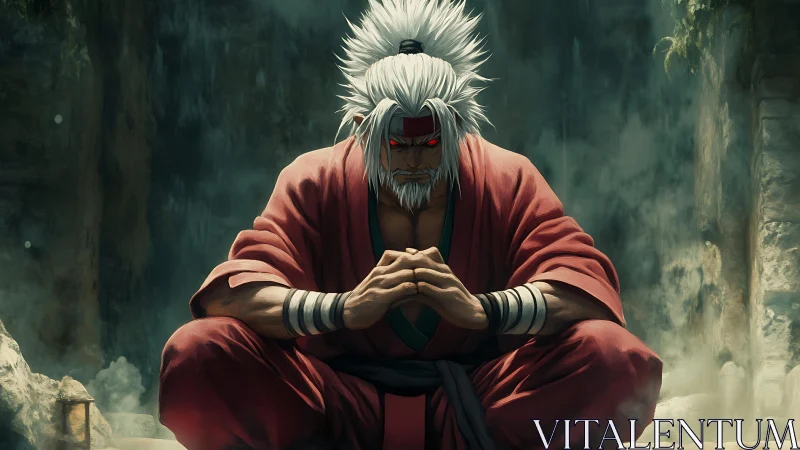 White haired warrior meditating in a misty stone ruin.