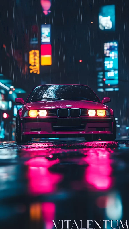 Red sports car in rainy neon city street at night.