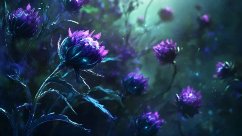 Bioluminescent Flowers in Dark Garden: Neon Purple Petals with Glowing Stems.