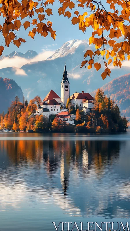 Lake island steeple quietly conducts an autumn daydream