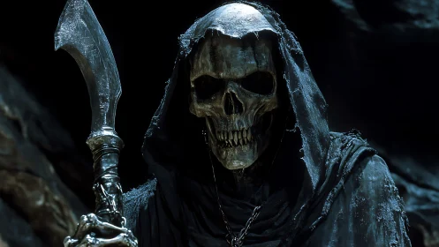 Grim reaper portrait with corroded scythe in deep shadow.
