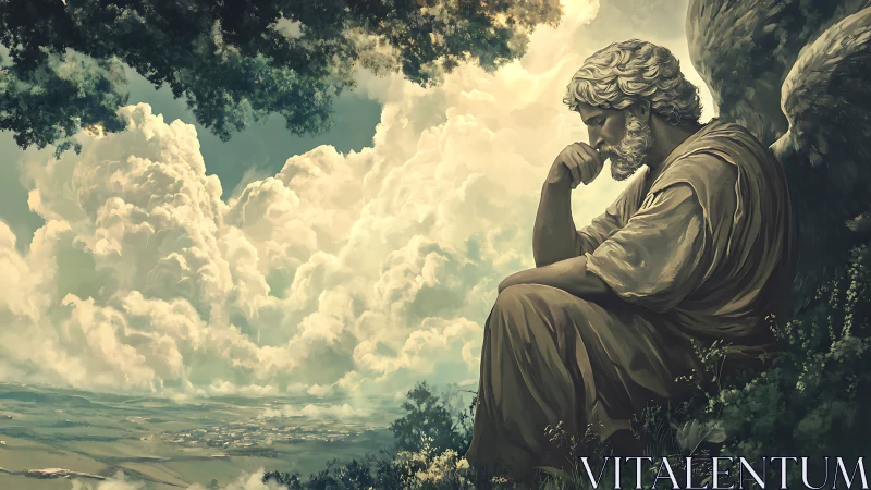 Contemplative winged figure overlooking distant valley.