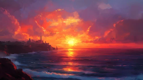 Industrial coastline sunset with luminous stratocumulus sky