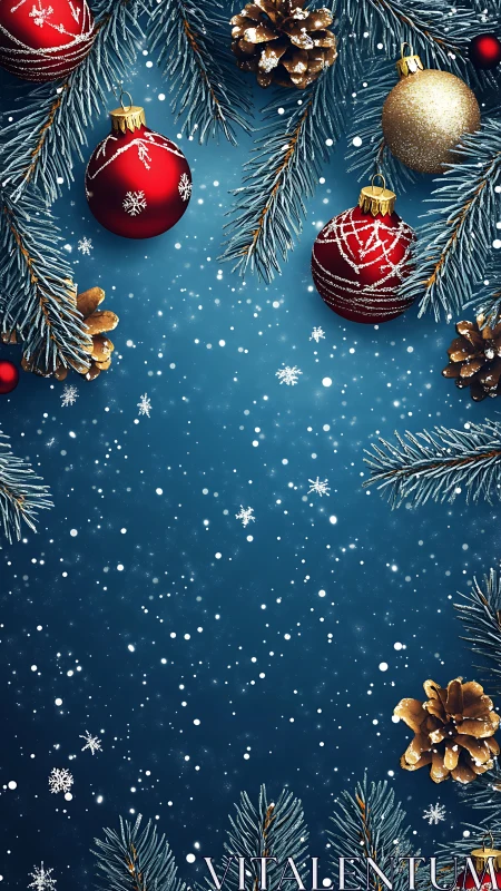 Evergreen branches frame suspended baubles against blue field