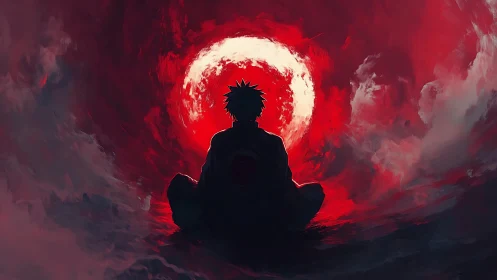 Silhouette meditates before crimson storm moon portal.