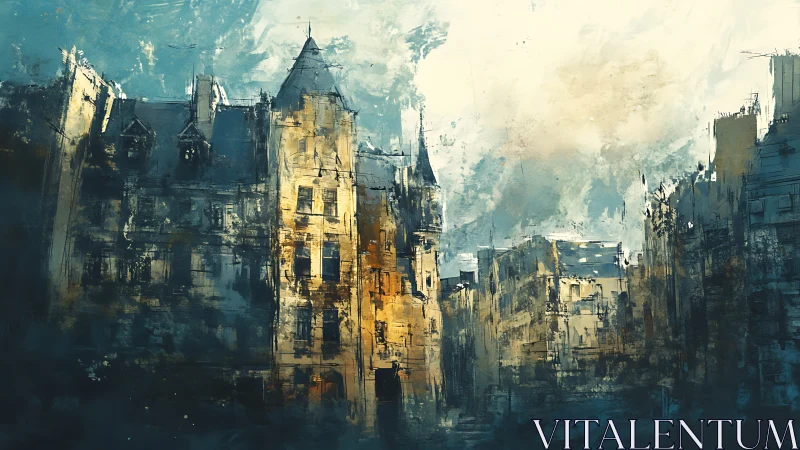 Moody impressionist cityscape with golden stone facades.