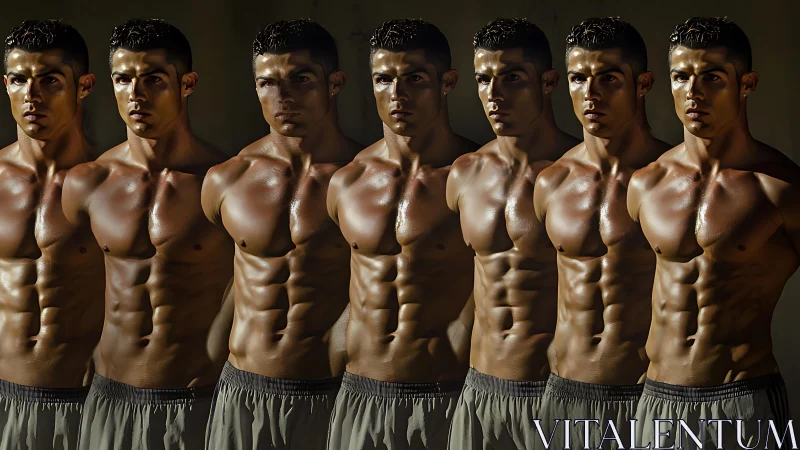 Echoed athlete torsos march in bronzed, rhythmic formation