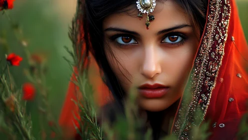 Woman in embroidered red veil amid green foliage outdoors.