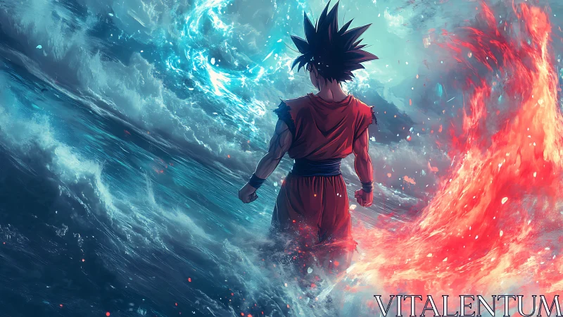 Character stands between stylized opposing water and fire forces