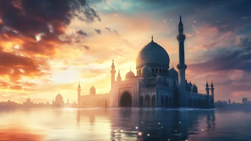 Mosque with domes and minarets stands over reflective water