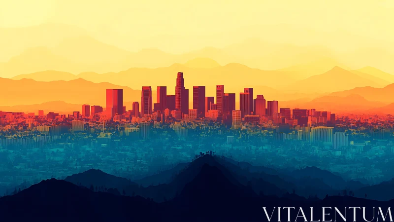 Sunlit city skyline rises over layered mountains and haze