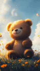 Smiling teddy bear basks in golden meadow sunlight