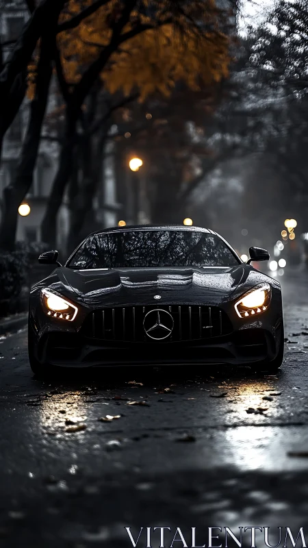 Midnight Mercedes prowls a rain slicked autumn avenue.