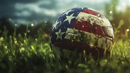Weathered soccer ball with USA flag pattern on grass field.