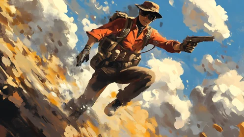 Desert commando leaping through smoke with pistols drawn.