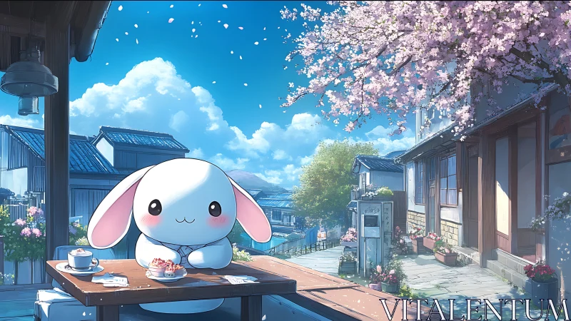Cute bunny café scene under spring cherry blossoms.
