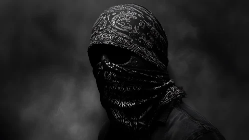 Masked figure in patterned bandanas stands against dark smoke