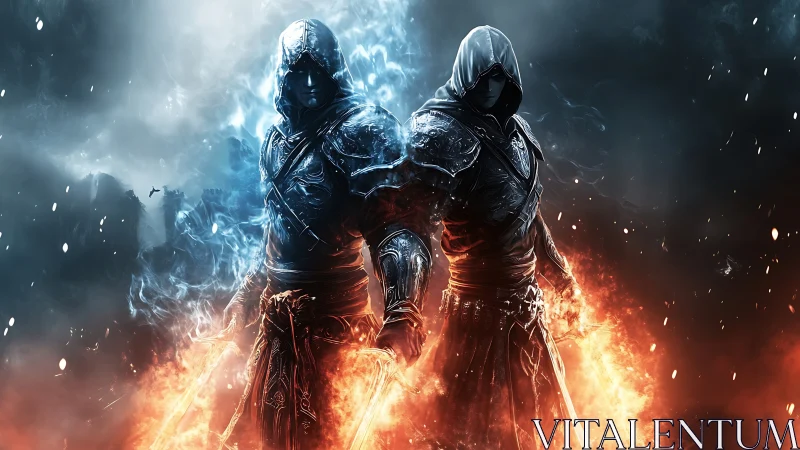 Twin hooded warriors channel elemental fire and frost power.