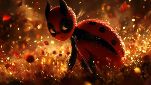 Stylized ladybug character in glowing autumn bokeh field.